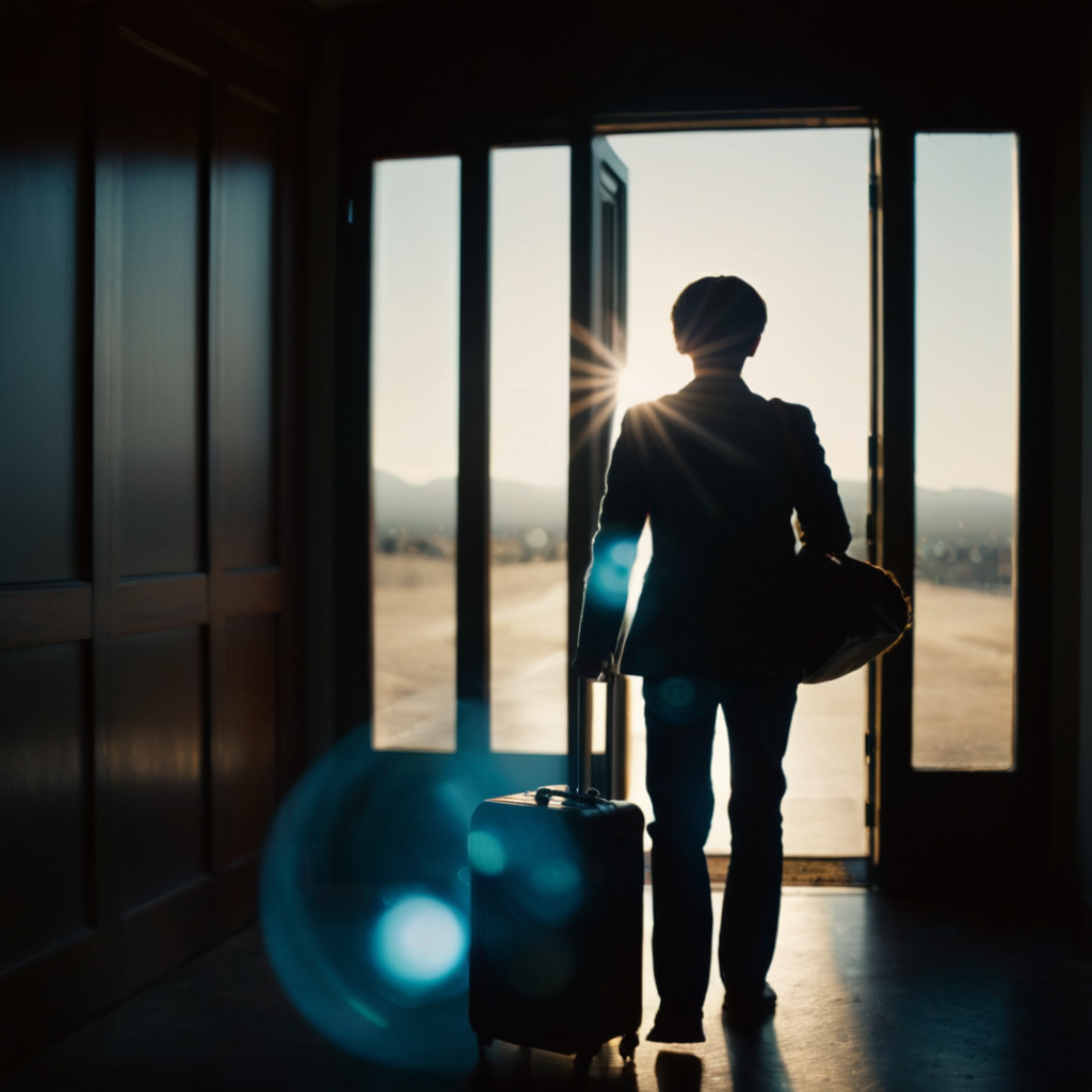 cinematic film still of <lora:add-detail-xl:0.1>1
<lora:detailed:0.2> realism
<lora:perfection style:0.2>
<lora:eyetune:0.6>
<lora:xl_more_art-full_v1:0.3>
<lora:Ron Fricke style:0.3>
<lora:Unreal Engine style:0.3>
<lora:TeethXL:0.3>
<lora:Chiaroscuro Lighting Style:0.3> Chiaroscuro Lighting Style
 <lora:lens flare style v2:0.9>
warm spherical lens flare reflection a woman standing in a doorway with a suitcase,1boy,standing,male focus,indoors,window,sunlight,scenery,lens flare,sunset,light rays,door,silhouette,light,movie themed,sharp,detailed,epic cinematic photography,artistic,dramatic light,cinematic color style,Kodak film style,lens flare reflection style , scattered lens, flared lens, light artifact, lens flare style, shallow depth of field, vignette, highly detailed, high budget, bokeh, cinemascope, moody, epic, gorgeous, film grain, grainy