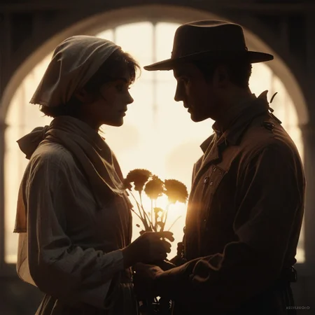 score_9, score_8_up, score_7_up, score_6_up, flmgr, flmgr, film grain, cinematic, cinematic light, hat, dark, backlighting, light, short hair, blurry, 1girl, holding, looking at another, 1boy, headscarf, realistic