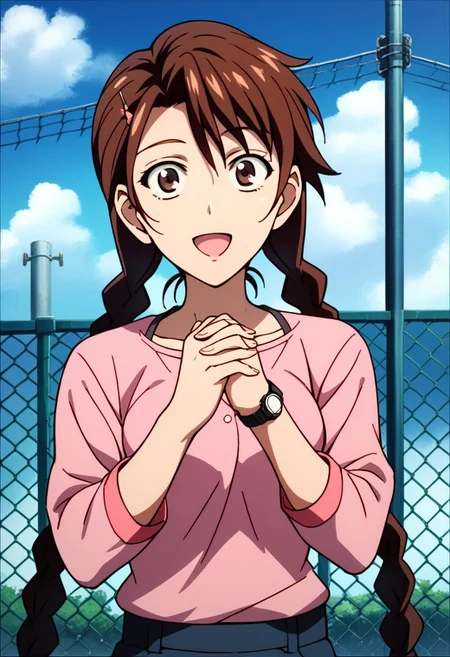 score_9,score_8_up,score_7_up,source_anime, Sakuno Ryuzaki,1girl,solo,long hair,smile,open mouth,shirt,brown hair,hair ornament,twintails,brown eyes,upper body,braid,:d,outdoors,sky,day,hairclip,cloud,twin braids,own hands together,pink shirt,watch,fence,wristwatch,chain-link fence,
