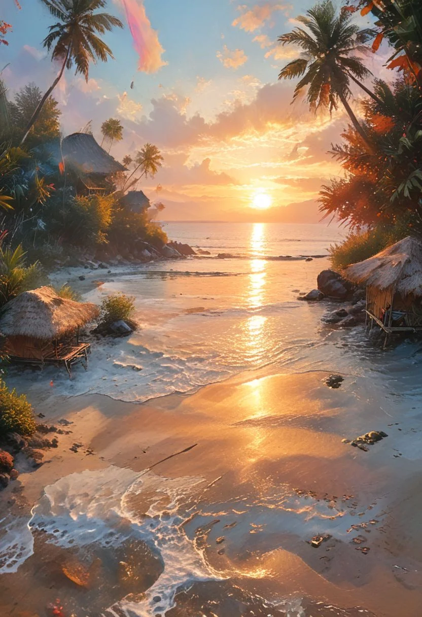 A stunning sunset over a picturesque beach in Indonesia. The sky is painted with vibrant hues of orange, pink, and purple, casting a warm, golden glow across the landscape.
Thebeach sand is a soft, powdery white, framed by tall, swaying palm trees that stretch towards the horizon. In the distance, the ocean is a deep blue, sparkling in the fading light. People of various ethnicities are scattered across the beach, some taking leisurely strolls, others playing games or simply enjoying the peaceful atmosphere. Traditional Indonesian huts, made of bamboo and thatched roofs, line the shore, adding a touch of local flavor to the scene. The air is filled with the aroma of grilling satay, and the sound of laughter and music drifts through the breeze.