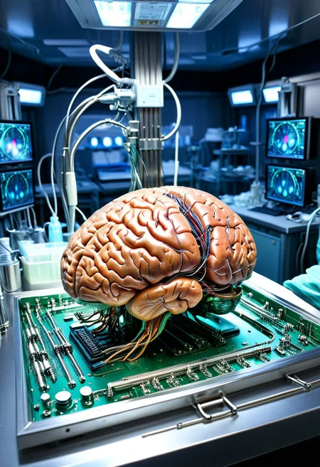 Human brain, made of circuitry. On a surgical tray, ready for transplant. qu4ntum. Chrome, metallic, Anatomy. Hospital background. Harsh fluorescent lighting. Clinical. Surgery. Bokeh. Depth of focus. Sharp focus. 4K. 8K. HDR. Postprocessed. Volumetric lighting, epiCPhoto, EnhanceImage, precise and intricate detail, wire and enamel, silicon, fibre optics, noir aesthetic