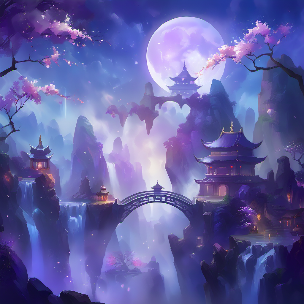 masterpiece,UHD,<lora:CartoonStyle_Hap_XL:1>, fantasy landscape, floating islands, asian-inspired architecture, arch bridge, ethereal ambiance, cherry blossoms, pagoda-style temple, grand archway, twilight sky, moon, mystic energy, purple hues, serene, cascading waterfalls, cliffside vegetation, otherworldly, artistic brushstrokes, wispy clouds, glowing lanterns, floating petals, tranquil water, rock formations, focal point warrior figure, energy crystal, expansive view, harmony with nature, intricate detailing, specular highlights, scenic beauty, atmospheric perspective, sense of scale, depth of field, panoramic format, imagined world, peaceful, no humans, multimedia art., masterpiece, very aesthetic, newest, cartoon style,