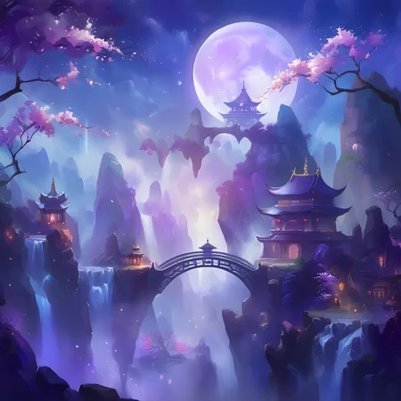 masterpiece,UHD,<lora:CartoonStyle_Hap_XL:1>, fantasy landscape, floating islands, asian-inspired architecture, arch bridge, ethereal ambiance, cherry blossoms, pagoda-style temple, grand archway, twilight sky, moon, mystic energy, purple hues, serene, cascading waterfalls, cliffside vegetation, otherworldly, artistic brushstrokes, wispy clouds, glowing lanterns, floating petals, tranquil water, rock formations, focal point warrior figure, energy crystal, expansive view, harmony with nature, intricate detailing, specular highlights, scenic beauty, atmospheric perspective, sense of scale, depth of field, panoramic format, imagined world, peaceful, no humans, multimedia art., masterpiece, very aesthetic, newest, cartoon style,