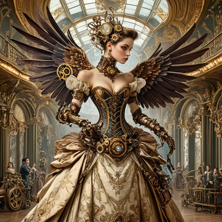 <lora:Rococo_Steampunk_SDXL:1> ArsMJStyle, Rococo Steampunk, The image shows a woman in a corseted gown operating a large, ornate mechanical bird perched on her arm. She is in a lavish ballroom.