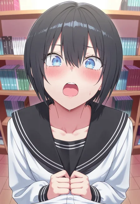 masterpiece,best quality,amazing quality, nonoa, black hair, blue eyes, short hair, blush, school uniform, bookshelf, sailor collar, serafuku, black sailor collar, hair between eyes, open mouth, 1girl, long sleeves, white shirt, collarbone, shirt, indoors