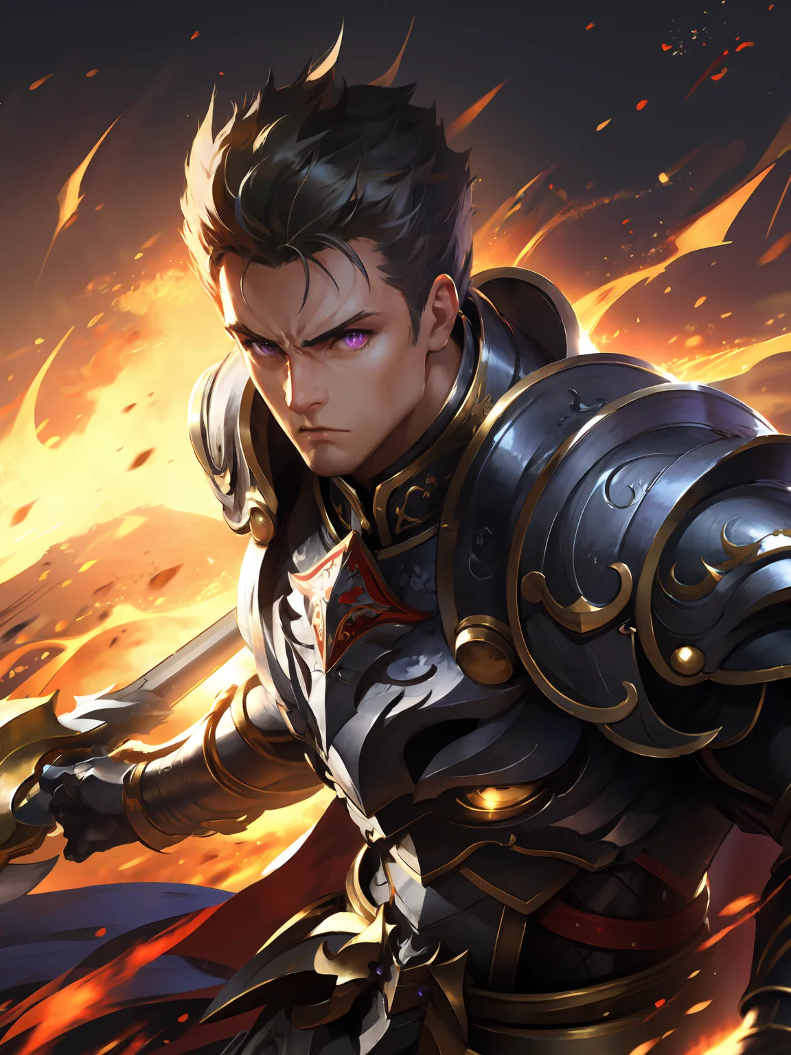 masterpiece,best quality,highres,cinematic lighting,dramatic angle,1boy,mature male,black hair,purple eyes,armor,<lora:ShadowverseRowenV1:0.8>  ,holding weapon,flaming weapon,looking at viewer,cowboy shot,serious,dragoon,action pose,dynamic pose,portrait,close-up