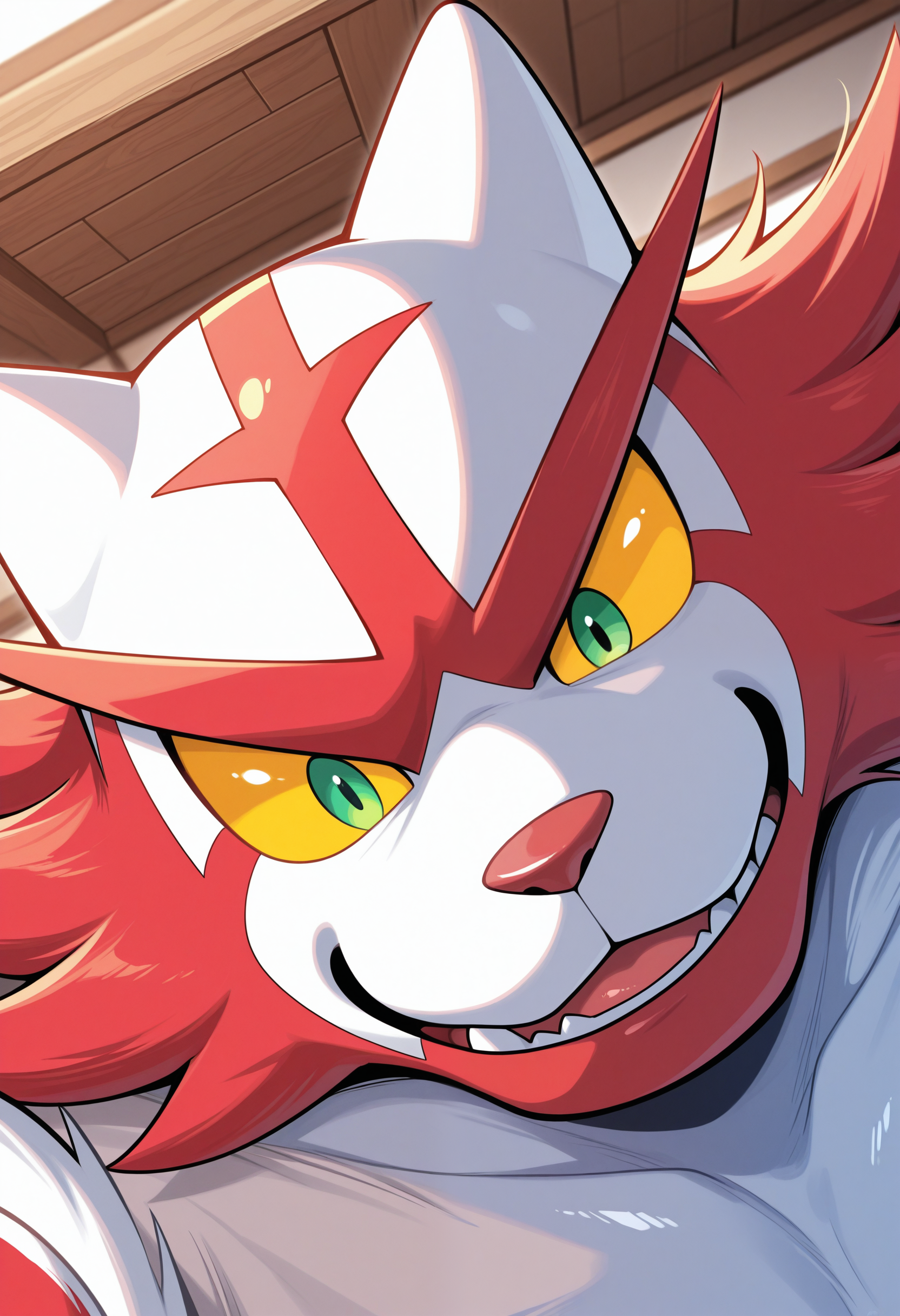 masterpiece,best quality, amazing quality, 1boy, solo, shiny_1nc1n, pokemon (creature), red fur, colored sclera, green eyes, white fur, striped fur, close up, excited, side angle,

indoors,