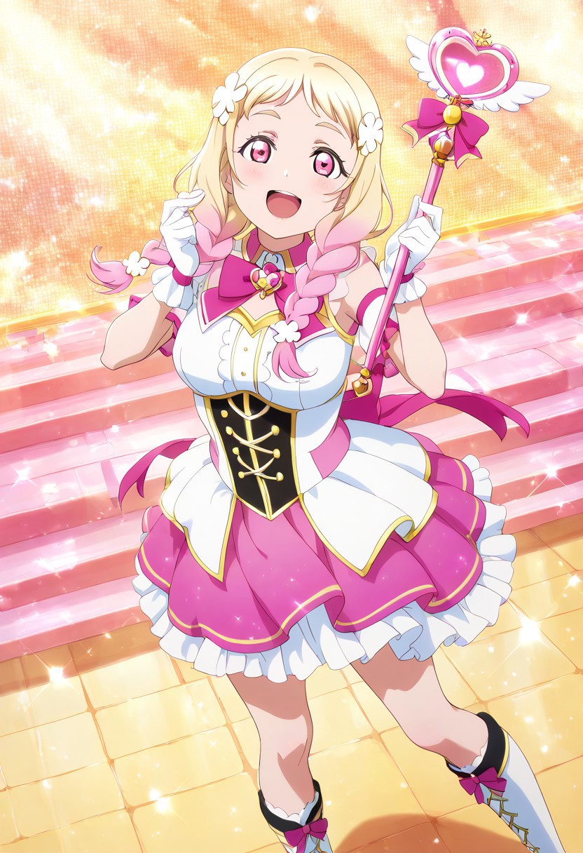 masterpiece, best quality, solo, 1girl, aged up, happy, 
 natsumi_onitsuka, onitsuka_natsumi, long hair, pink hair, blonde hair, gradient hair, braid, pink eyes, twin braids, hair ornament, flower clip, magical girl idol outfit, sparkling pink and gold costume, wand with a heart gem, ribbon boots, dazzling transformation stage, glowing runes beneath her, soft light swirling around, hopeful and radiant performance