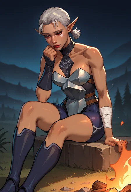 masterpiece, best quality, newest, absurdres, highres, 1girl, sitting, looking down, sad, parted lips, hand up, bandaged arm, <lora:ImpaOOT-illu:1> 1mpa, short hair, short ponytail, grey hair, red eyes, facial mark, pointy ears, red lips, dark-skinned female, bare arms, black leotard, strapless, breastplate, collarbone, bare shoulders, bike shorts, blue shorts, knee boots, blue footwear, campfire, night, outdoors