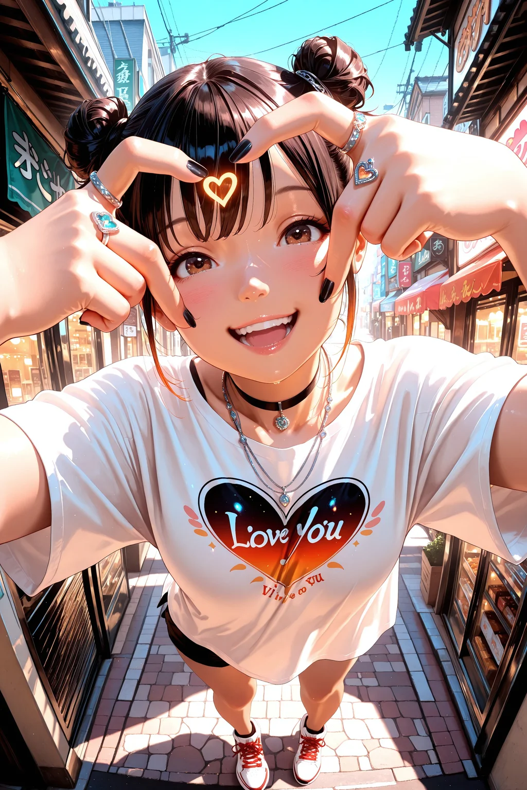 lazypos, masterpiece, best quality, photorealistic anime style, ultra detailed, 8k resolution, vibrant color grading, HDR, stylized sunlight, 1girl, solo, anime girl with double hair buns, short black hair with bangs, happy energetic expression (expression:1.2), smiling with visible teeth, wide open brown eyes, (detailed facial features:1.3), slight foreshortening effect, (detailed skin texture:1.2), hands forming heart shape in front of face, playful and dynamic pose (pose:1.2), fingers detailed with black nail polish, (realistic hand anatomy:1.2), (detailed fingernails:1.1), wearing oversized white t-shirt with bold "I LOVE YOU!" graphic in red and black text (detailed clothing texture:1.2), black shorts barely visible under shirt hem, red and white sneakers, casual and fun street style, accessories include layered silver necklaces, a choker, and multiple silver rings (accessories:1.1), (detailed jewelry:1.1), set in an urban street with fisheye lens distortion, low angle shot, exaggerated perspective, storefronts and buildings in background, blue sky above, ambient city lighting, sunny warm color palette, vivid contrast, cinematic atmosphere
