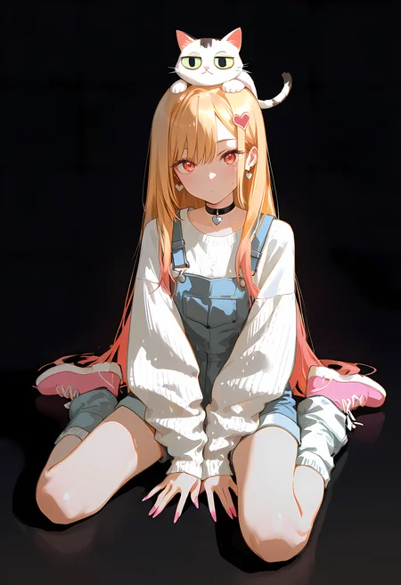 masterpiece, best quality, amazing quality, black to gray gradient, dark background, shadow,
1girl, solo, looking at viewer, blush, closed mouth, sitting, full body, wariza, crescent, between legs, hand between legs, detailed eyes, aesthetic eyes, eyes,
kitagawa marin, long hair, blonde hair, red beautiful eyes, long sleeves, hair ornament, very long hair, pink nails,
shirt, earrings, shoes, jewelry, heart, choker, socks, puffy sleeves, heart hair ornament, on head, overalls, heart earrings, heart choker, dot mouth, heart o-ring, overall shorts, heart collar, overall skirt, white bow, white shirt, pink footwear, white sweater, jeans jumpsuit,
animal, 2cats, two cats, animal on head, cat on head
<lora:NOOB_vp1_detailer_by_volnovik_v1:0.3> <lora:96YOTTEA-WAI:0.5> <lora:illustriousXLv11_stabilizer_v1.113:0.3> <lora:Marin_Kitagawa_My_Dress-Up_Darling_-_Illustrious:0.2> <lora:DetailedEyes_V3:1.5>