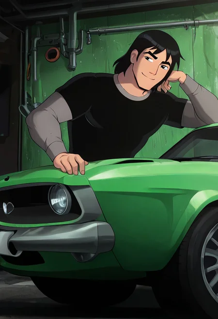 masterpiece, best quality, amazing quality, very aesthetic, absurdres, newest,
kevaf, black hair, 1boy, solo, black shirt, layered sleeves, short over long sleeves, thick eyebrows,
leaning on car, green muscle car, mustang, camaro, green car, mechanic, garage, holding wrench, detailed background, car parts on wall, pipes, car door, smile, good eyes,
