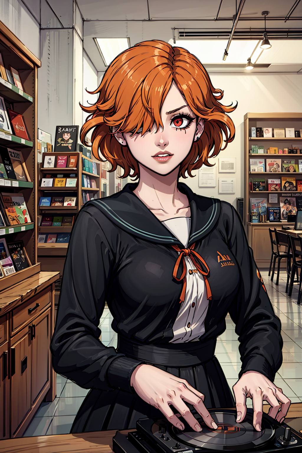 1girl, solo, 70s style record player shop, a specialty store offering a selection of turntables and stereo equipment
BREAK
EPefKronya, <lora:EPefKronya-08:0.8>
BREAK
Red eyes, orange hair, pale skin, hair over one eye,
BREAK
purple sailor collar, neck ribbon
BREAK
high-waist skirt
BREAK
perfect lighting and textures,
perfect surface refraction and dispersion,
ultrarealistic materials and hair,
vibrant pastel colors,
masterpiece, 8k, HDR, best quality, absurdres