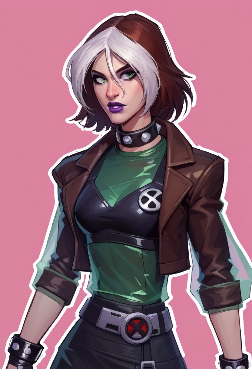 score_9, score_8_up, score_7_up, score_6_up, {Rogue, marvel}, 1girl, pale skin, lilac lips, lilac makeup, short brown hair with white bangs, EVOrogue, black sports bra, studded collar, green mesh top (covered chest), green transparent blouse, long sleeves, gray eyes, black leather skirt, gray tights, big black boots, studded bracelets, leather gloves, brown bomber jacket, fur trim, hood,
casual clothes, goth outfit, 
detailed face, pretty face, outline, cel-shading, sketch,