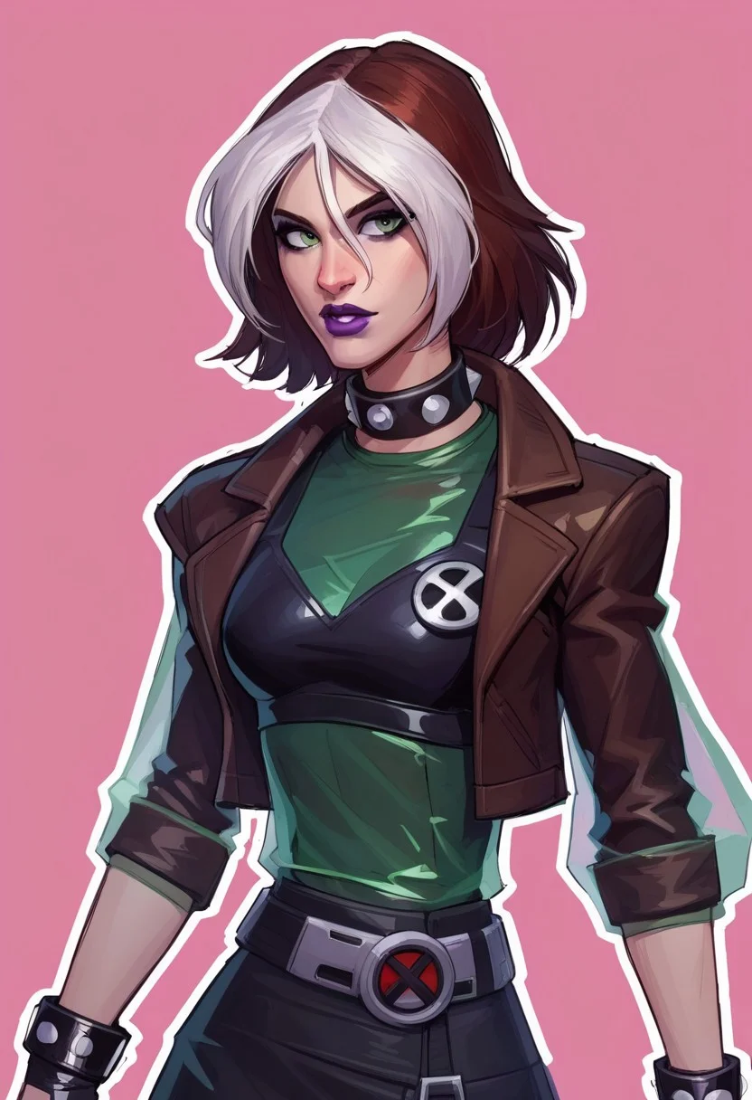 score_9, score_8_up, score_7_up, score_6_up, {Rogue, marvel}, 1girl, pale skin, lilac lips, lilac makeup, short brown hair with white bangs, EVOrogue, black sports bra, studded collar, green mesh top (covered chest), green transparent blouse, long sleeves, gray eyes, black leather skirt, gray tights, big black boots, studded bracelets, leather gloves, brown bomber jacket, fur trim, hood,
casual clothes, goth outfit,
detailed face, pretty face, outline, cel-shading, sketch,