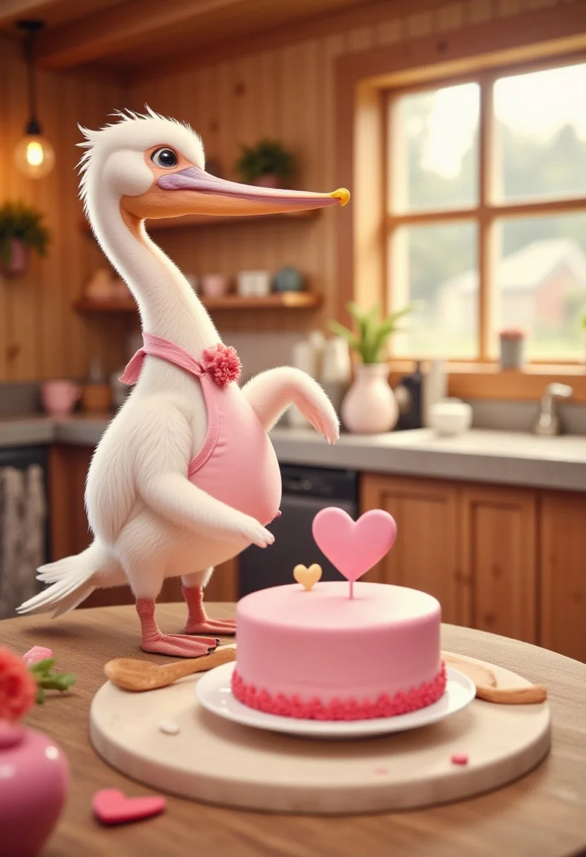 pinkchibivalentine, a cute pelican with blushy cheeks wearing an apron cooking a valentine day cake decorated with a pink heart, the background is the interior of a cozy hut decorated in hygge style
