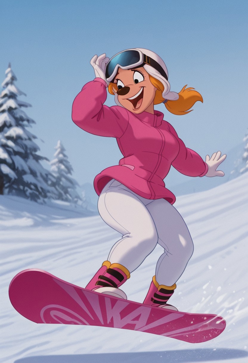 DisneyRenstyle, DISNEY_ANIMATION,
masterpiece, best quality, ultra-HD, cinematic ambiance, soft light, BREAK, 1girl, A Goofy Movie style, Goof Troop, toony, outdoors, winter, snow, sunny, anthro, furry female, blonde hair, short ponytail, bangs, low ponytail, small circle nose, slender waist, wide hips, short torso, medium breasts, short legs, curvy legs, thick calves, petite butt, hourglass figure, ((pink winter coat, snowboard boots, white snow pants, athletic butt, ski helmet, ski goggles over eyes, ski gloves)), BREAK, snowboarding, feet strapped to snowboard, jumping, flinging snow, steep ski slope, laughing, speed lines, motion lines moving fast, butt towards viewer, dynamic angle, front view from below