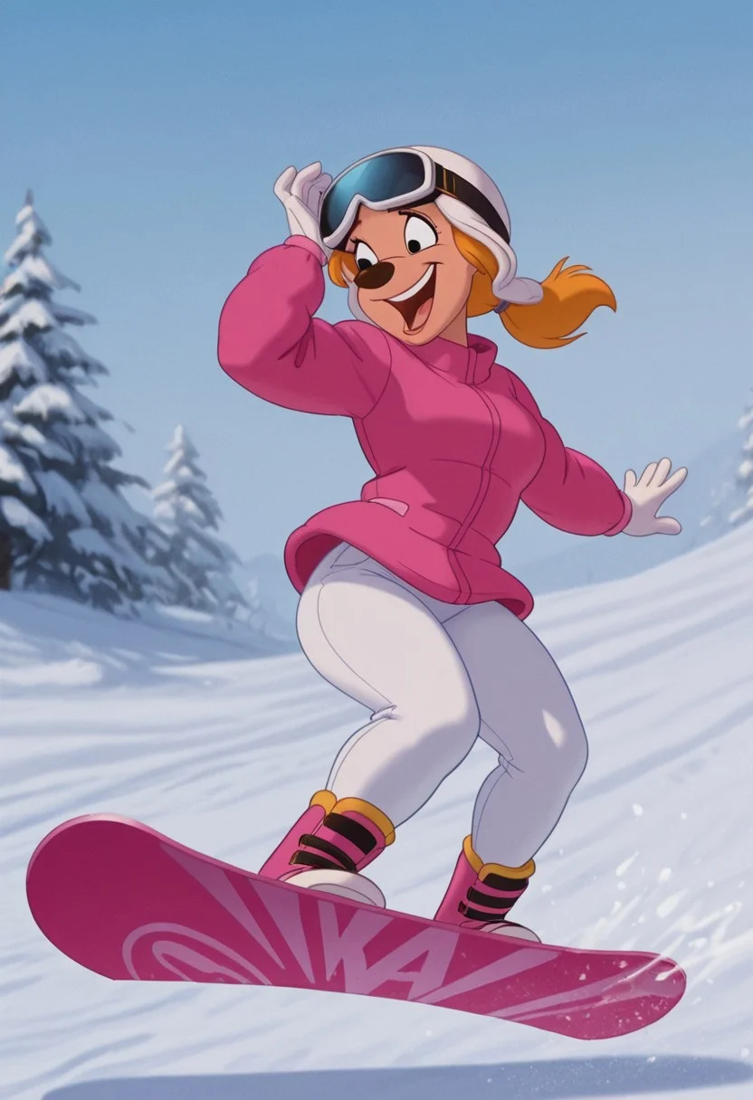 DisneyRenstyle, DISNEY_ANIMATION,
masterpiece, best quality, ultra-HD, cinematic ambiance, soft light, BREAK, 1girl, A Goofy Movie style, Goof Troop, toony, outdoors, winter, snow, sunny, anthro, furry female, blonde hair, short ponytail, bangs, low ponytail, small circle nose, slender waist, wide hips, short torso, medium breasts, short legs, curvy legs, thick calves, petite butt, hourglass figure, ((pink winter coat, snowboard boots, white snow pants, athletic butt, ski helmet, ski goggles over eyes, ski gloves)), BREAK, snowboarding, feet strapped to snowboard, jumping, flinging snow, steep ski slope, laughing, speed lines, motion lines moving fast, butt towards viewer, dynamic angle, front view from below
