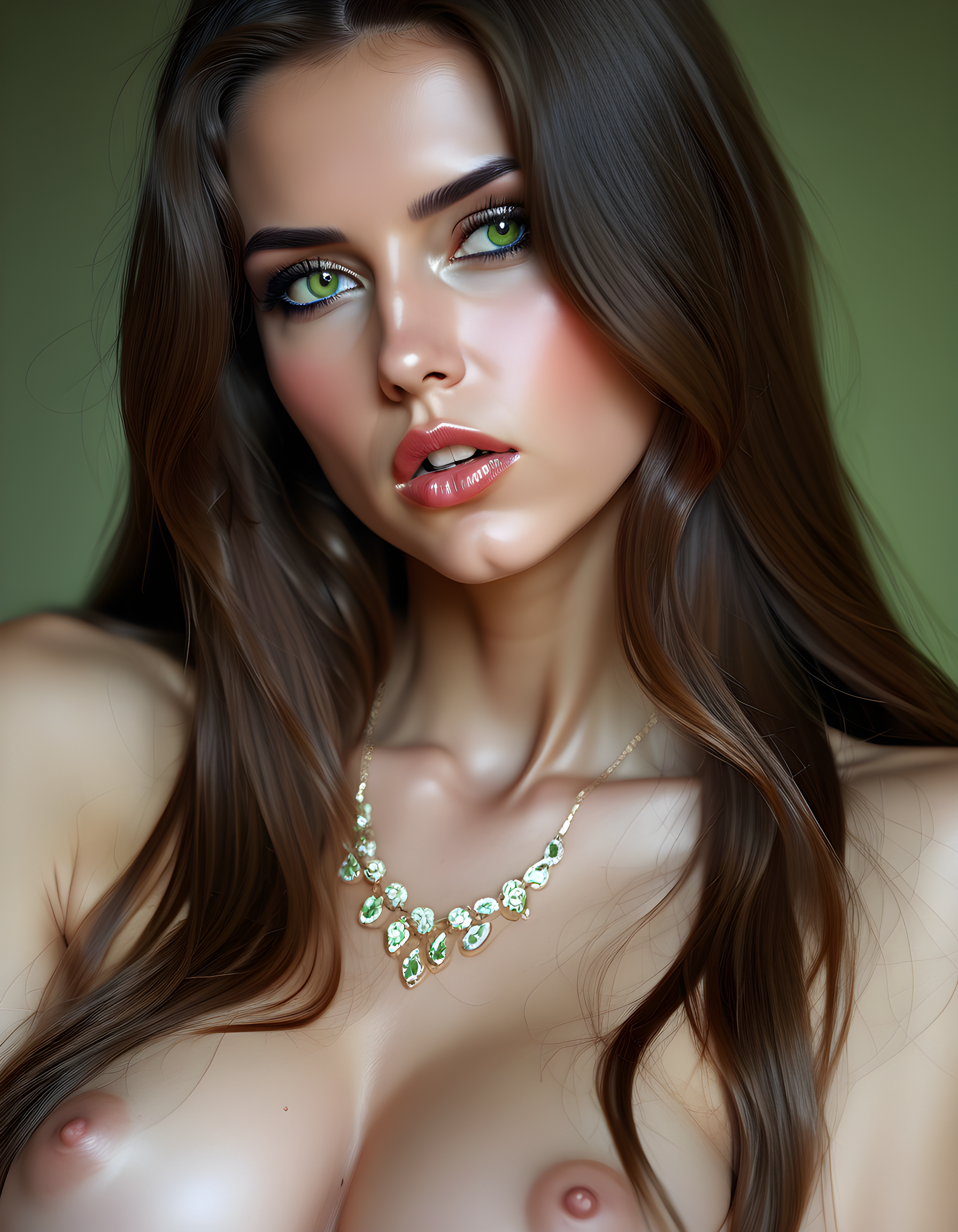 . woman, solo, realistic, jewelry, long_hair, c1nd1e, lips, parted_lips, breasts, green_eyes