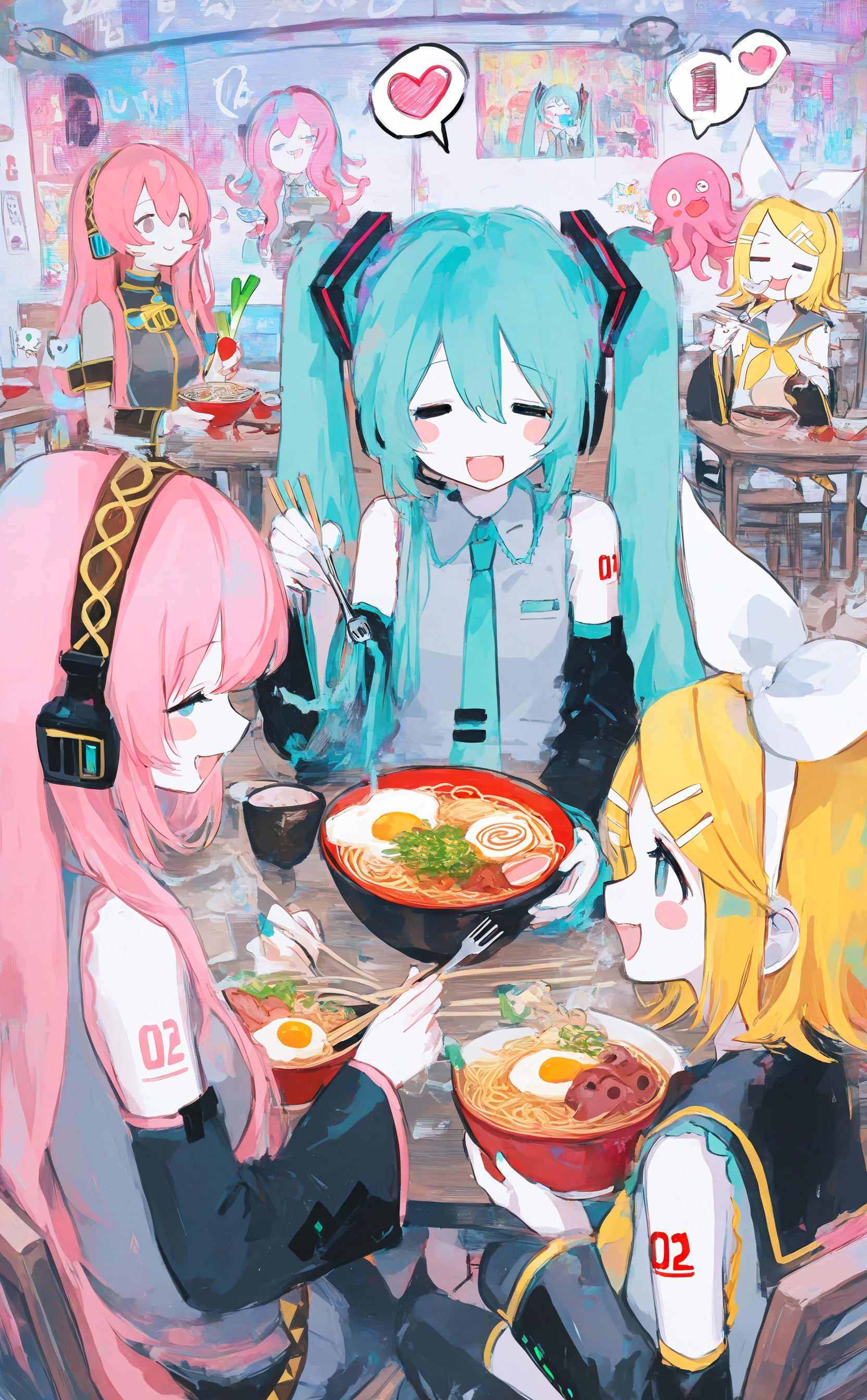 masterpiece, best quality, good quality, very awa, newest, highres, absurdres, hatsune miku, kagamine rin, megurine luka, takoluka, long hair, smile, open mouth, short hair, shirt, blonde hair, multiple girls, hair ornament, holding, bow, bare shoulders, very long hair, sitting, twintails, closed eyes, pink hair, heart, hair bow, food, necktie, detached sleeves, sleeveless, hairclip, speech bubble, sleeveless shirt, tattoo, aqua hair, 4girls, headphones, blush stickers, chair, eating, table, white bow, ^^^, grey shirt, spoken heart, bowl, = =, tentacle hair, black sleeves, chopsticks, fork, shoulder tattoo, holding chopsticks, aqua necktie, egg, holding fork, noodles, poster \(object\), spring onion, holding bowl, octopus, number tattoo, banner, ramen, restaurant, egg \(food\), fried egg, CHOo1NE_illu, mixed media, digital painting,colorful <lora:noobai_ep11_stabilizer_v0.138_fp16:0.3> <lora:XXX667:0.5> <lora:lpc_v10:0.4> <lora:CHOo_illu:1> <lora:Mika_Pikazo_illustriousXL:0.7>