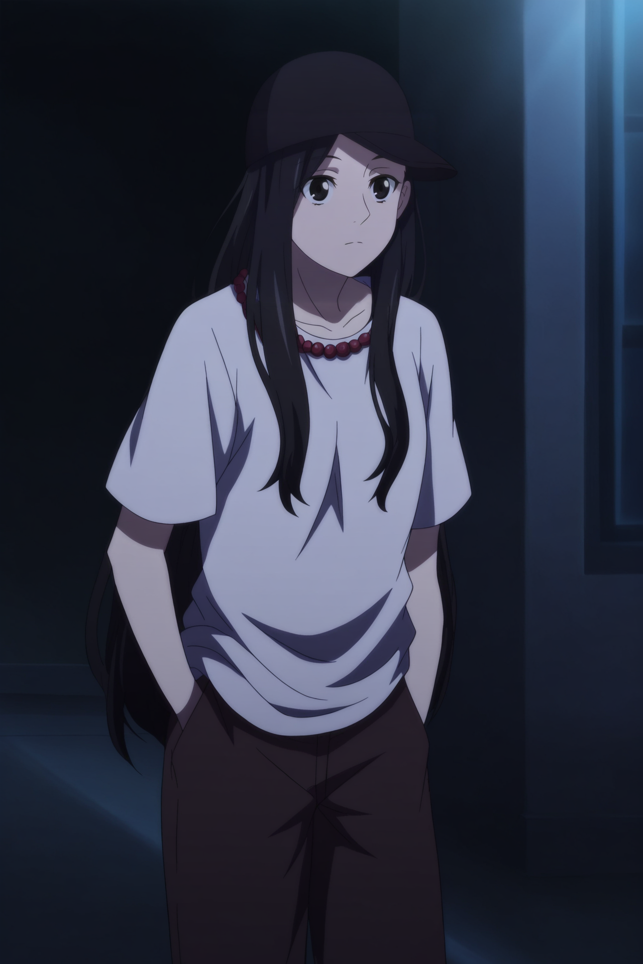 anime screencap,anime coloring,detailed face,masterpiece,best quality,very aesthetic,absurdres,volumetric lighting,official style,amazing quality,ultra detailed,highres,scenery,beautiful detailed hair,beautiful detailed eyes,official anime artwork,<lora:Feng BaoBao S3-IL V1:1>,Feng BaoBao,solo,1girl,black hair,long hair,black eyes,Feng BaoBao Outfit,black baseball cap,Red Buddha bead necklace,Pure white T-shirt,brown pants,Q-version design,