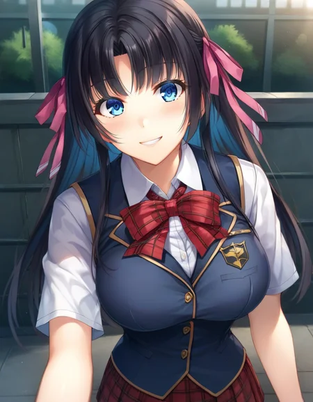 score_9,score_8_up,score_7_up,score_6_up BREAK official art,solo,outdoors,upper body,(portrait:1.5),looking at viewer,facing viewer,smile,blush,Kuribayashi Erina,long hair,black hair,hair ribbon,pink ribbon,sidelocks,bangs,blue eyes,school uniform,black vest,red bowtie,plaid bowtie,collared shirt,white shirt,short sleeves,large breasts,skindentation,red skirt,plaid skirt,pleated skirt,thighs,zettai ryouiki,black thighhighs,loafers,<lora:Kuribayashi Erina(jk noc)-Pony:1.3>,