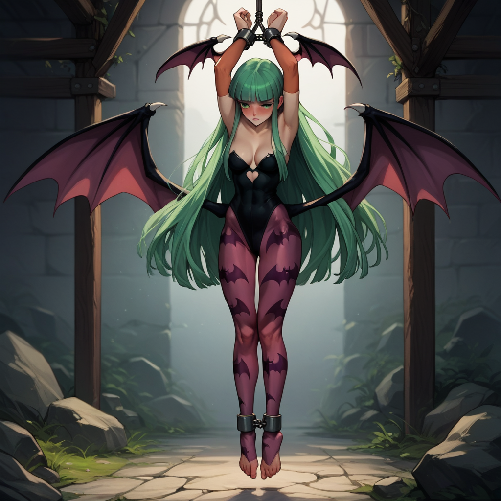 score_9, score_8_up, score_8, (source_anime), hanging_suspension, BREAK, Morrigan Aensland, restrained, bound wrists, blush, perfect face, 1woman, 22 years old, MorriganAe, hime_cut, emerald_green hair, green eyes, blunt bangs, fur trim, bridal gauntlets, print pantyhose, bat print, cleavage, hanging_suspension, BREAK, 1woman, bondage, bdsm, suspension, standing, arms_up, cuffs, bound_wrists, upright_restraints, standing_restraints, tiptoes, straight_legs, feet_dangling