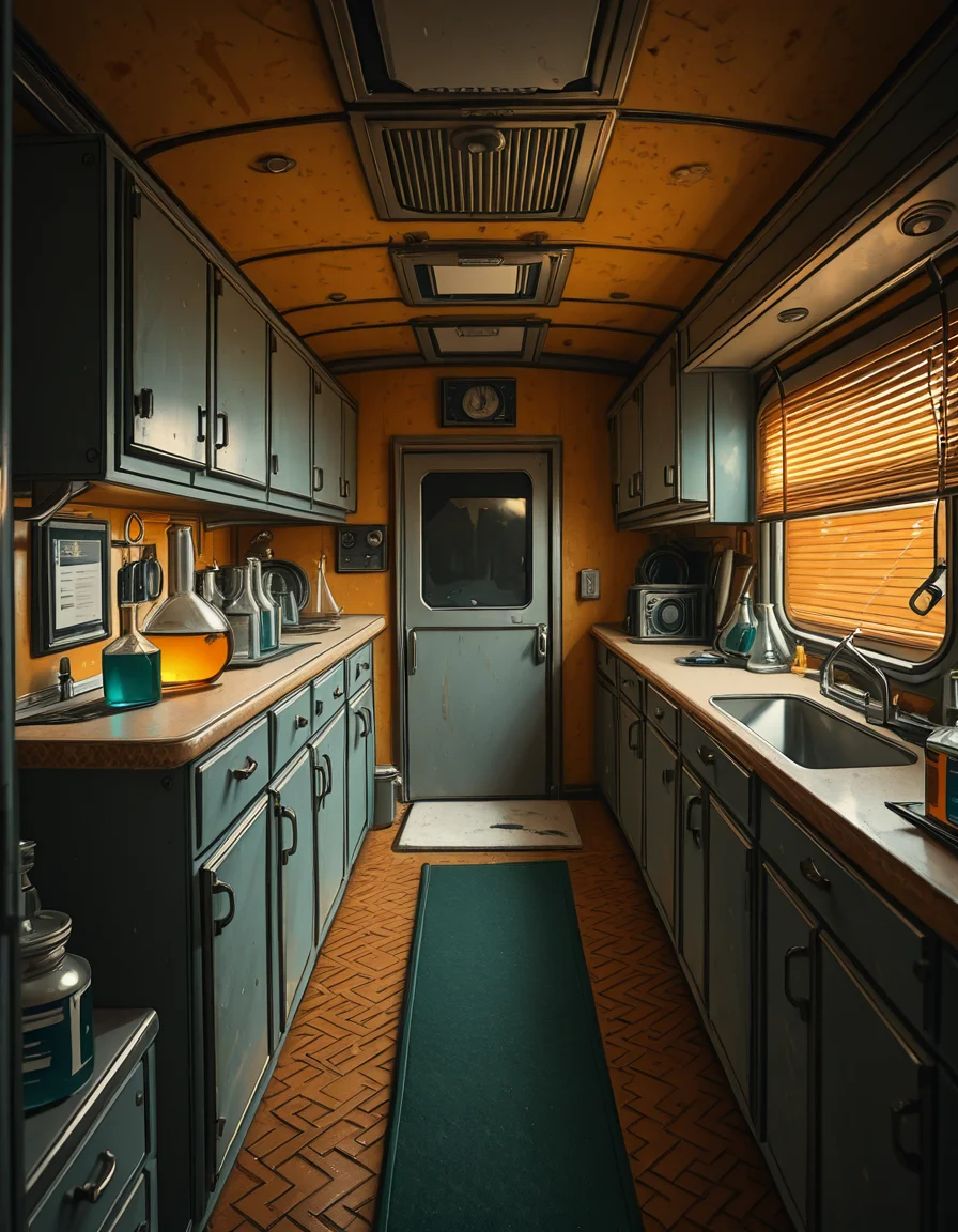 The interior of an old RV converted into a clandestine drug laboratory, inspired by the TV series Breaking Bad. The space is cramped and messy, filled with scientific equipment, glass beakers, flasks, burners, chemical containers, and lab tools scattered around. The walls are aged and stained, with peeling wallpaper and old metallic cabinets. A small sink area is cluttered with dirty lab glassware. The lighting is dim and tinted yellow, with sunlight barely filtering through dusty blinds. The floor is grimy, with a mix of rubber mats and worn carpet. The overall atmosphere is tense and gritty, capturing a sense of secrecy and danger. Hyper-realistic style, cinematic composition, rich in textures and shadows.
<lora:SDXLFaeTastic2400:0.4> <lora:extremely_detailed:0.4> extremely detailed,old RV drug l4b0r4t0ry, <lora:old_RV_drug_l4b0r4t0ry-i:1>, Masterpiece,best quality,hi res,8k,hi res,8k,award winning,(sharp focus, intricate, highly detailed),