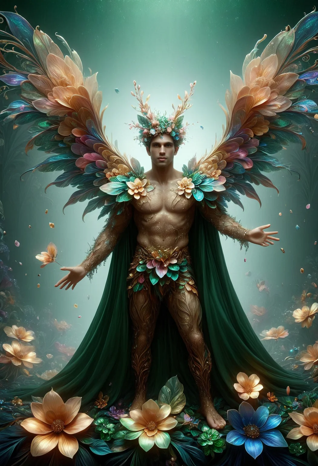wide shot of a (Male Warden:1.3) , Energizing and Tropical, his hair is Royal Blue, Emerald Green and Gold, (stylized by Tomasz Alen Kopera:0.9) , Surrealistic painting, intricate and detailed imagery, exploration of the subconscious and dreamlike realms, baroque, intricate details, made out of iridescent flower petals, <lora:PinkieIriFlwrsSDXL-000004:1>, p1nk1r1fl0wers, cinematic light, highly intricate, confident, rich vivid colors