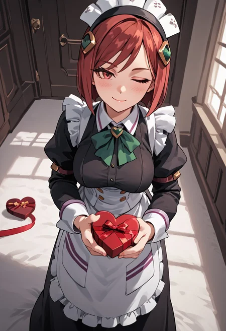 score_4,score_5,score_6,score_7_up,score_8_up,score_9 ((masterpiece,best quality,ultra detailed,highres,HD,4k:1.2)), 
1girl, solo,solo focus,girl focus,face focus,
red hair,red eyes,short hair,hair ornament,large breasts,
maid headdress, maid,apron,long sleeves,long skirt,maid apron,boots,
pov,from the front, front view, front angle, 
Happy Valentine's Day, Valentine's chocolate, holding wrapped chocolate, 
heart background, 
blush,closed mouth,light smile,((wink:1.1)),