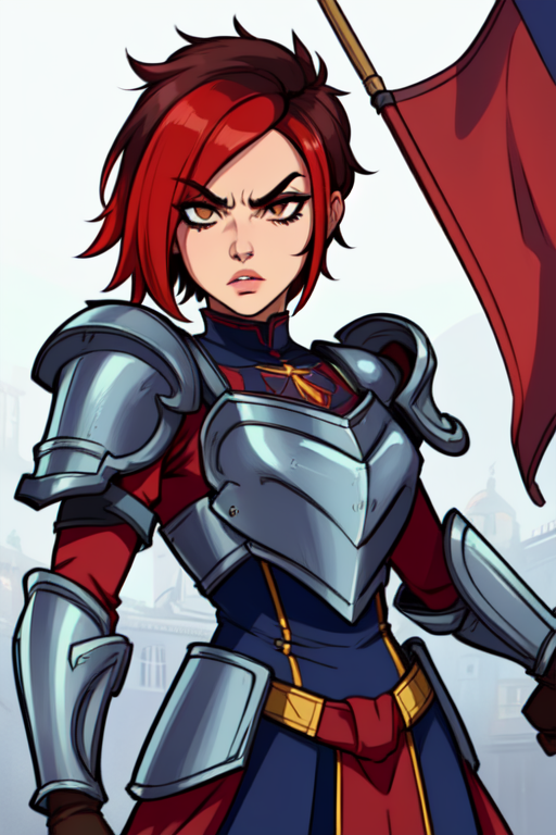 Ash, short multicolored hair,brown eyes,lips, hair over eye, standing, serious expression, upper body, closed fists, 
AshBS, AshAr, shoulder armor ,armor ,boots , blue and red pelvic curtain , 
battle ground, blue and red flag in background, morning, (insanely detailed, beautiful detailed face, masterpiece, beautiful detailed eyes, best quality) <lora:ASH-10v2:0.7>