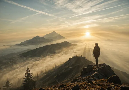 masterpiece, best quality, ultra-detailed, realistic skin, depth of field,
mist, fog, top of a mountain, sunrise