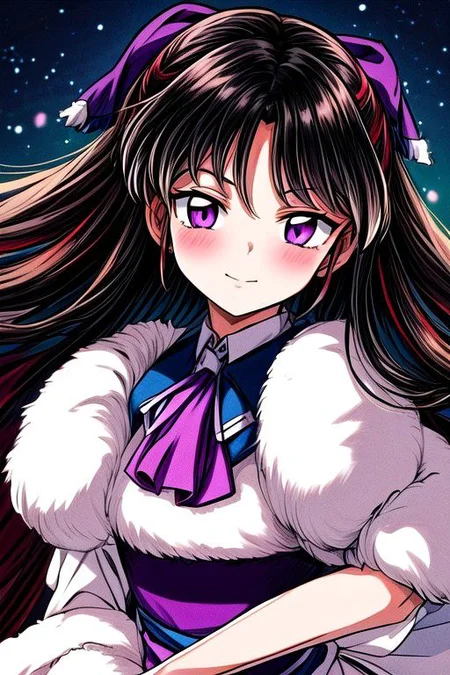 masterpiece, best quality 1girl Setsun4 solo long hair, (night time) forest background black hair very long hair purple eyes multicolored hair armor (fur trim) (medium body),<lora:EMS-179-EMS:0.800000>,<lora:EMS-293862-EMS:0.800000> bow, hair_bow, hair_tubes, red_bow, brown_hair, long_hair, bangs, sidelocks, ascot, brown_eyes, frilled_bow, yellow_ascot, blush, smile, hair_between_eyes