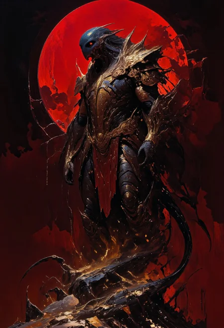Scaly monster  with  black skin, back view, gold  scales , gold accessories, looking  over shoulders  at viewer , blood  red moon  background 
<lora:flux.1_lora_flyway_Epic-Characters_v1:0.43>