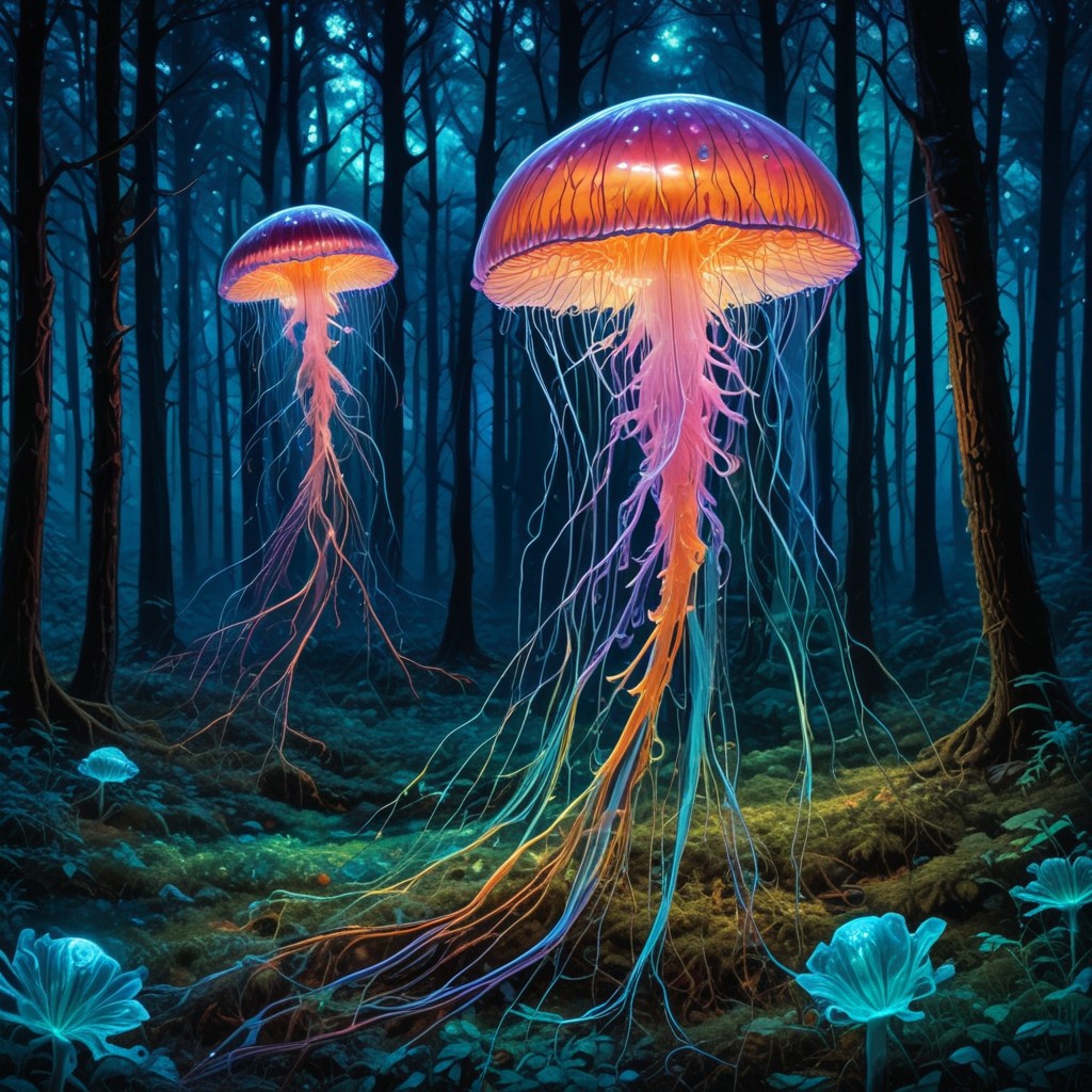 holographic translucent biolumiscent jellyfish on forest ground,alcohol ink and fluid thick oil,hyperrealistic,perfect mixed styles with amazing depth,iridescent complementary colors,dramatic flickering back light,surreal hypercreative masterwork by head of prompt engineering
