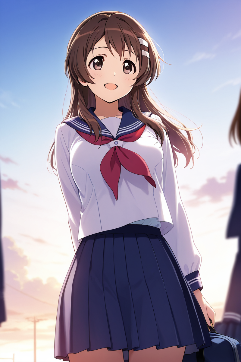 <lora:Niimi_Haruka_PHTKN_Illus:1>niimi haruka, outfit 1, sailor uniform, long hair, open mouth, skirt, brown hair, hair ornament, school uniform, blue pleated skirt, outdoors, sky, serafuku, solo focus, day, hairclip, cloud, bag, blurry, depth of field, school bag, red neckerchief, white uniform, blue sailor collar, alone, cowboy shot, smile, untucked shirt,