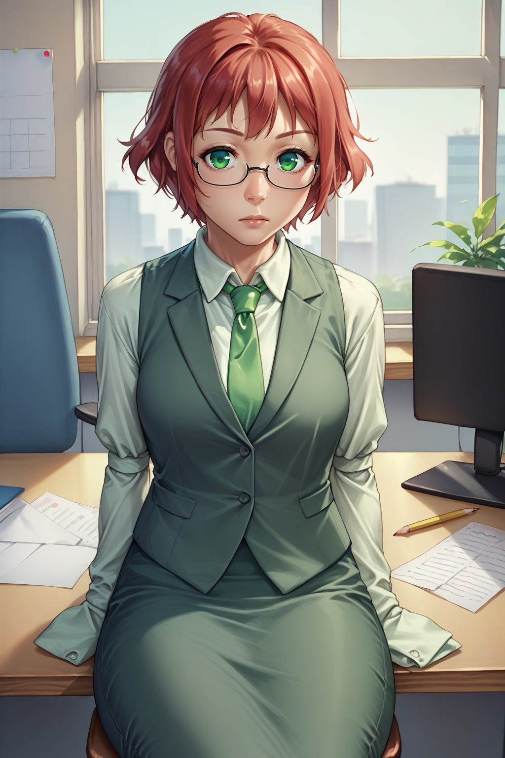 score_9, score_8_up,  1girl, solo <lora:NSRinKatawa:1> NSRinKatawa, amputee, red hair, green eyes, glasses, pencil skirt, formal suit, green necktie, collared shirt, vest, sitting, indoors, office, sleeve tied shut