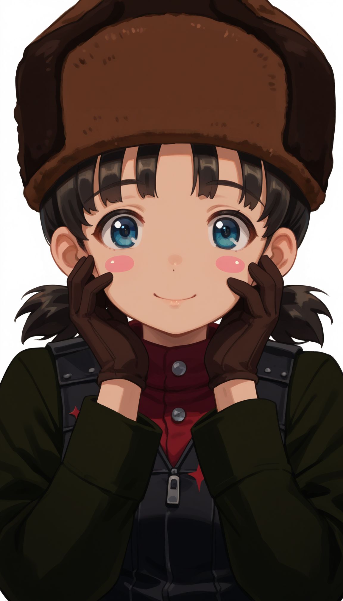 score_9, score_8_up, score_7_up, source_anime, 
 <lora:Nina (girlsundpanzer):1>  GUPNina, 1girl, pravda military uniform, fur hat, ushanka, looking at viewer, black gloves, hands on own face, blush stickers, brown headwear, long sleeves, short twintails, closed mouth, white background, upper body, green jacket, blue eyes, hands on own cheeks, simple background, smile, short hair, black hair, turtleneck, red shirt, cropped torso, low twintails, black vest