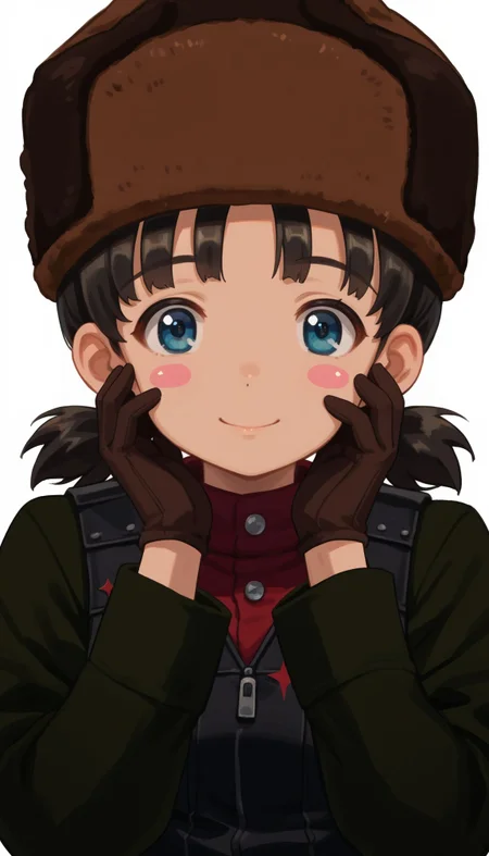 score_9, score_8_up, score_7_up, source_anime,
<lora:Nina (girlsundpanzer):1> GUPNina, 1girl, pravda military uniform, fur hat, ushanka, looking at viewer, black gloves, hands on own face, blush stickers, brown headwear, long sleeves, short twintails, closed mouth, white background, upper body, green jacket, blue eyes, hands on own cheeks, simple background, smile, short hair, black hair, turtleneck, red shirt, cropped torso, low twintails, black vest