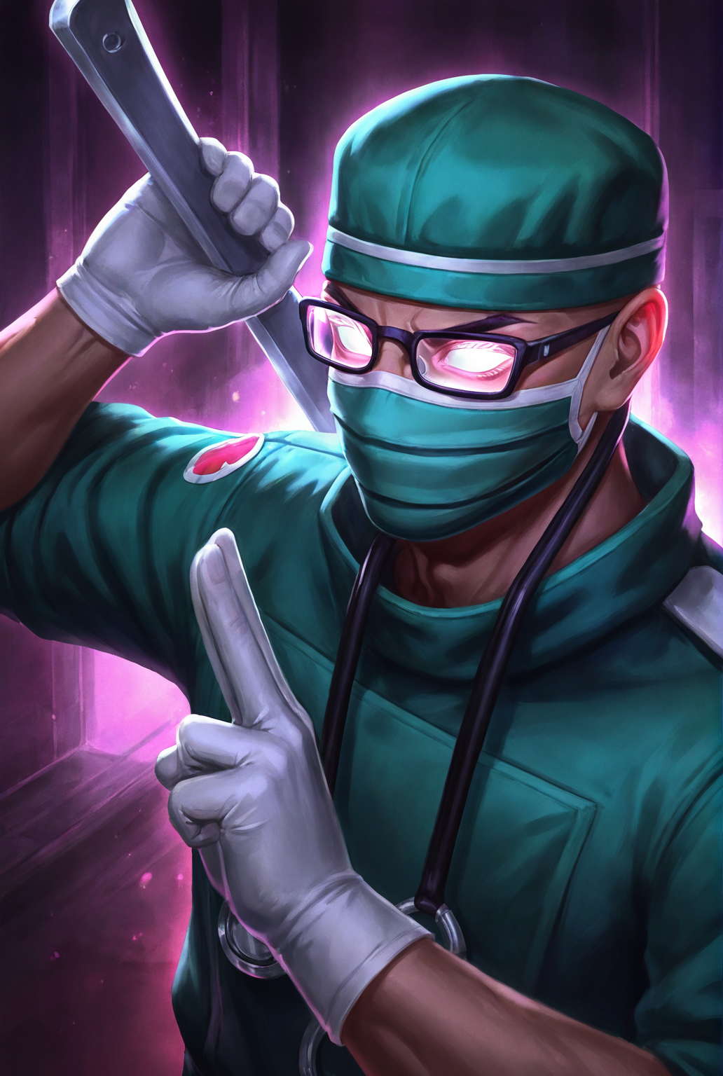score_9,score_8_up,score_7_up,male focus,ultra-detailed,high resolution,digital painting,8k,1boy,solo,male focus,detailed face,gloves,mask,hat,mouth mask,glasses,glowing glasses,uniform,green headwear,weapon,kuji-in, ninja,<lora:add-detail-xl:1>,<lora:Surgeon Shen:0.7>,surge0n shen,