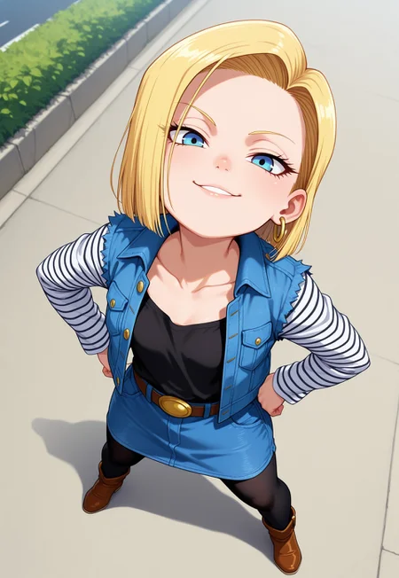 score_9, score_8_up. score_7_up, masterpiece, detailed lips, detailed nose, perfect face, perfecteyes,1girl,small breasts,1solo, android 18, blonde hair, blue eyes, eyelashes, hoop earrings, short hair, earrings, belt, black legwear, black shirt, breast pocket, cleavage, denim jacket, denim skirt, high-waist skirt, jewelry, long sleeves, pocket, shirt, shirt tucked in, skirt, striped, striped sleeves, waistcoat,brown footwear,day,random pose, standing, ((looking at viewer)),collarbone,shortstack, (full body), on aspalt road, on , (cliff face on one side of road, sheer drop on one side of road),(high view),moutains in background,smile,