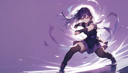 score_9, score_8_up, score_7_up, score_6_up, wallpaper-kai, (abstract-background:1.1), 1girl, purple theme, action pose