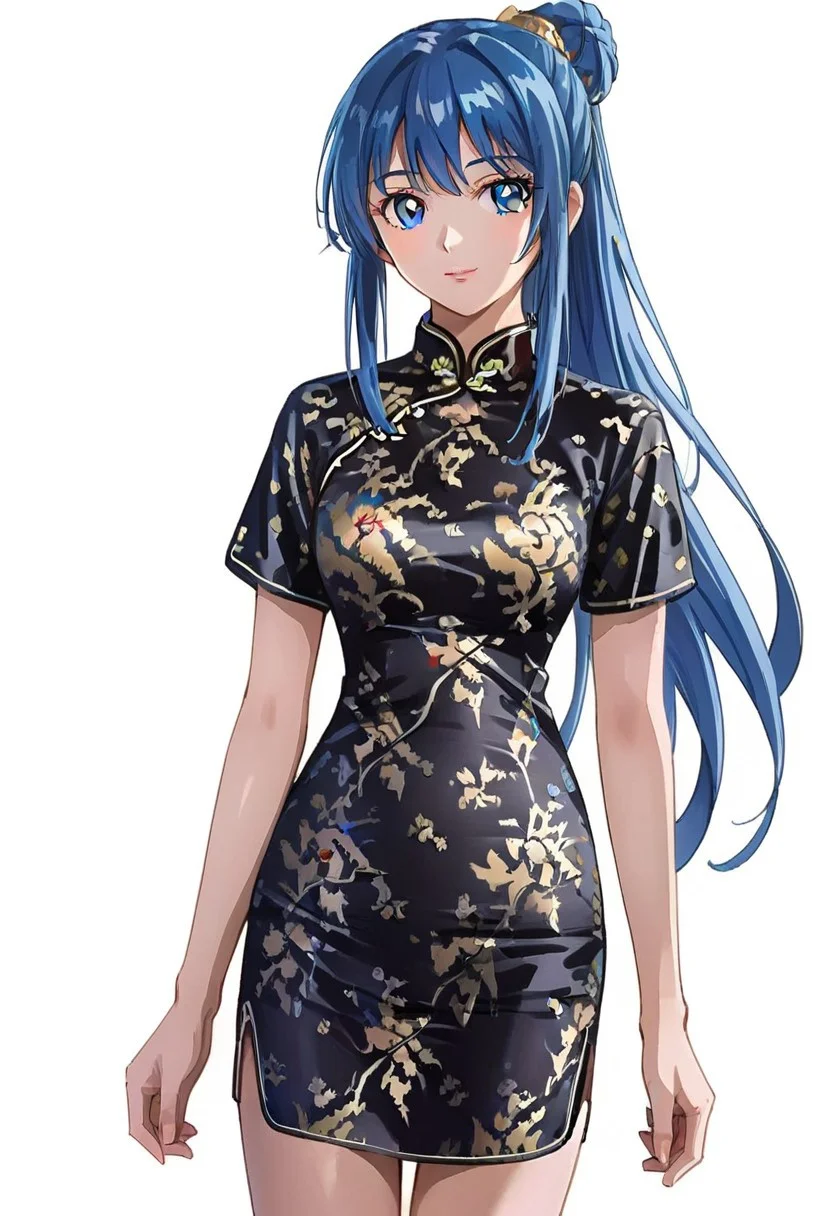 image with excellent quality, very detailed image, 1 girl, cute face, solo, blue eyes, detailed pupils, long hair, blue hair, ponytail, bun, (qipao, shiny clothing, satin dress, Chinese dress, black dress, printed dress, gold print, Chinese clothing, short sleeves), looking at viewer, white background