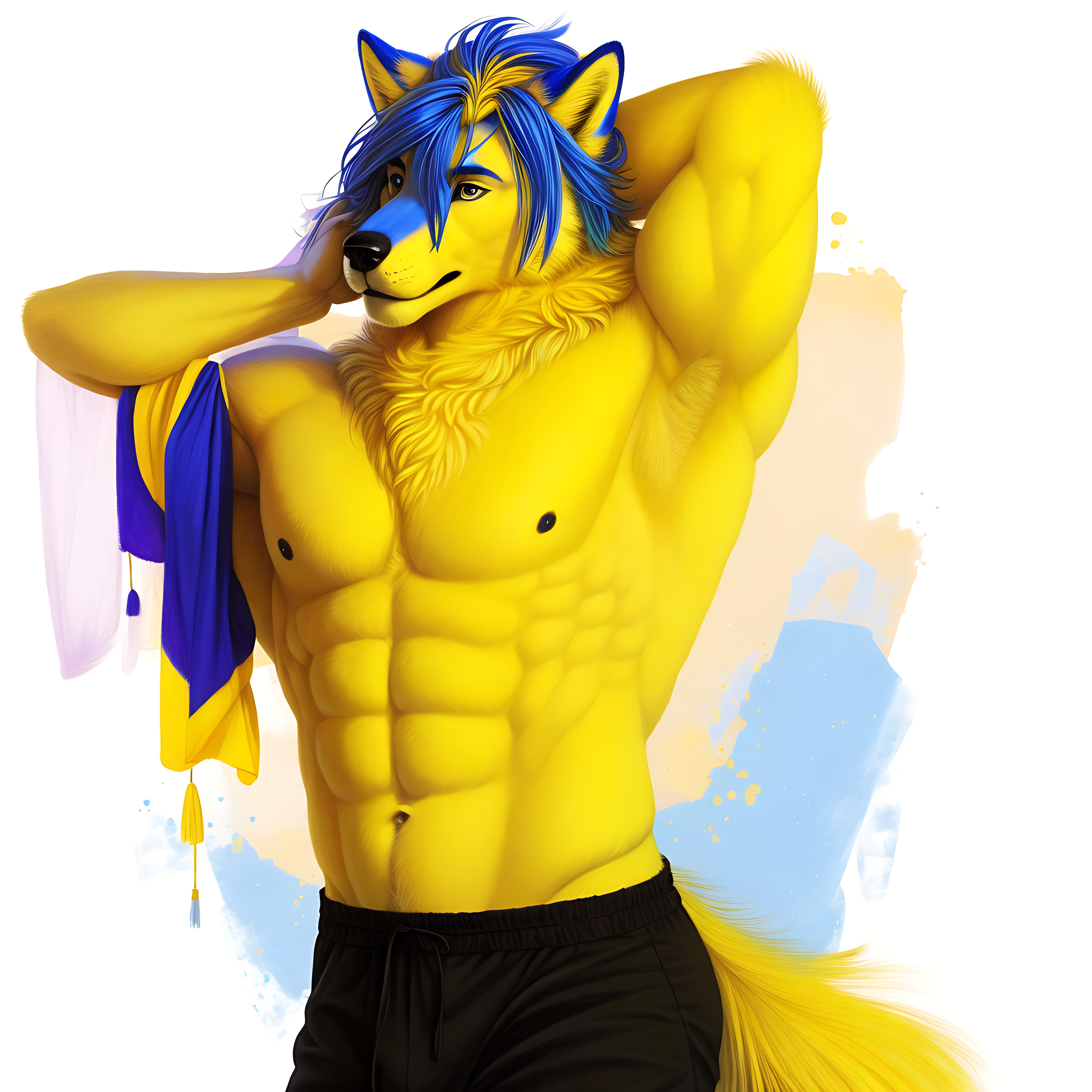 painting, realistic, furry cg vn, bara, realistic painting, solo,  male focus, abs, male nipple, furry, furry male, wolf face, wolf snout,  full body,  two-tone fur, yellow fur with blue tipped ends, muscular, abs, animal ears, wolf ears, wolf tail, shoulder length wavy curly blue hair,  blue hair, tail, calm ocean blue eyes,  male focus, fox ears, tattoo, fox tail, furry, furry male, fingerless gloves, black belt, silver belt buckle, black boots, dark brown open vest, dj headphones around neck,  gay pride neck bandana, foreskin, testicles, penis, erection, uncensored, laying in grass