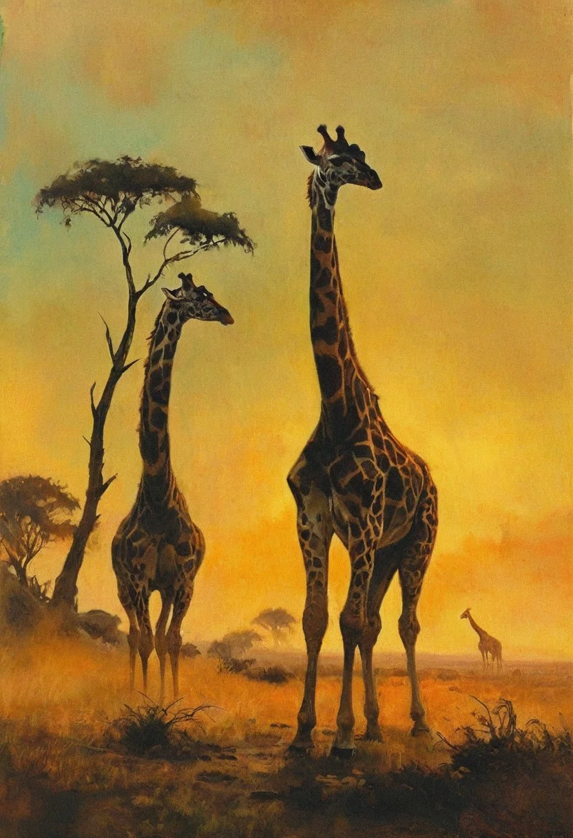 On the savannas of the Barrens, a herd of Giraffes grazes peacefully, their long necks reaching for the sparse treetops. Their serene presence brings a moment of calm to the otherwise harsh environment.,
in the style of a frank frazetta oil painting mixed with world of warcraft
, the scene is captured in dimly lit dark fantasy but vibrant colors, with bold ink lines defining form against the watercolor wash of the aged paper