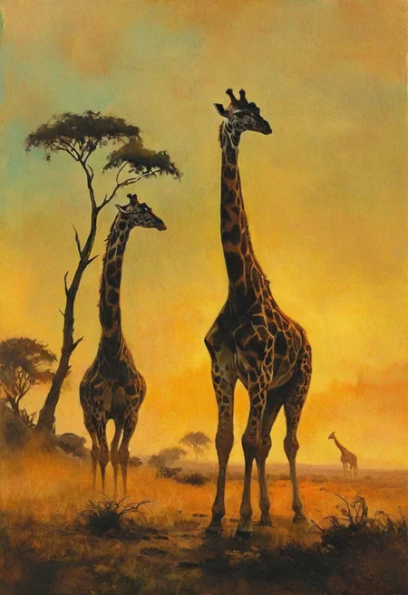 On the savannas of the Barrens, a herd of Giraffes grazes peacefully, their long necks reaching for the sparse treetops. Their serene presence brings a moment of calm to the otherwise harsh environment., 
in the style of a frank frazetta oil painting mixed with world of warcraft
, the scene is captured in dimly lit dark fantasy but vibrant colors, with bold ink lines defining form against the watercolor wash of the aged paper