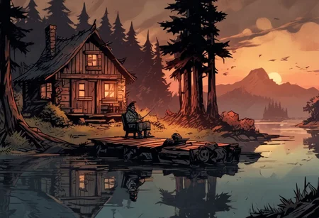 Man fishing by lake, comicish artwork in dgst artstyle, Cabin