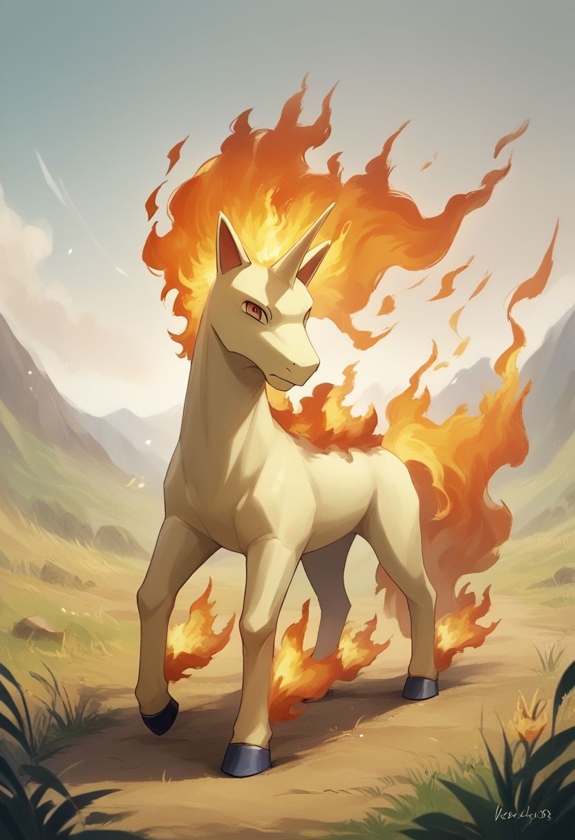 (source_anime, source_furry, rating_safe, score_9, score_8_up, score_7_up:1), rapidash, flames, solo male, outdoors, looking at viewer, no humans