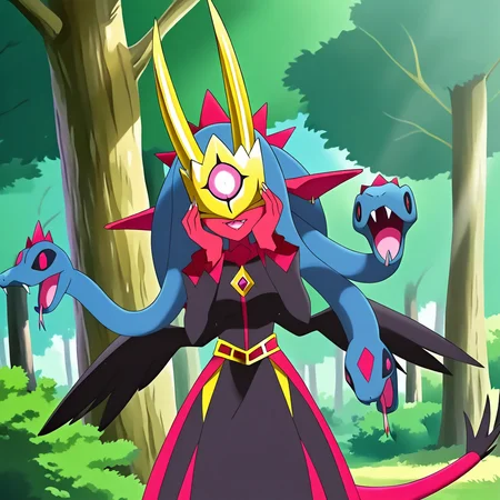 1girl,solo,medusamon,snake hair, red skin,gold horns,hydreigon heads,upper body,low feathered wings,tail,hands on own cheeks,pokemon adventures,:3, anime screenshot, outdoors,forest,trees, <lora:MedusamonIllus2:0.98>