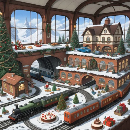 On the grownd in the livingroom [train station, bridge, window, science fiction, traditional media, motor vehicle, day, vehicle focus, road, gift, railway, christmas, food, cloud, box, cake, fireplace, plant, weapon, snow]